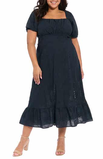 London Times Square Neck Smocked Eyelet Midi Dress