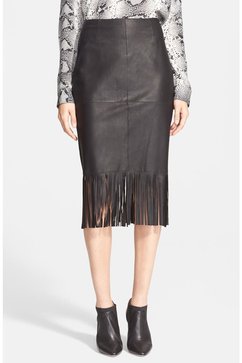 'Jaxson' Fringe Leather Skirt, Main, color, BLACK