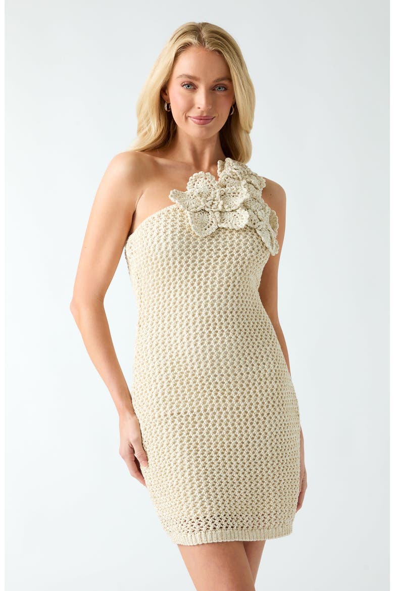 Alicia One-Shoulder Crochet Minidress, Alternate, color, BEIGE