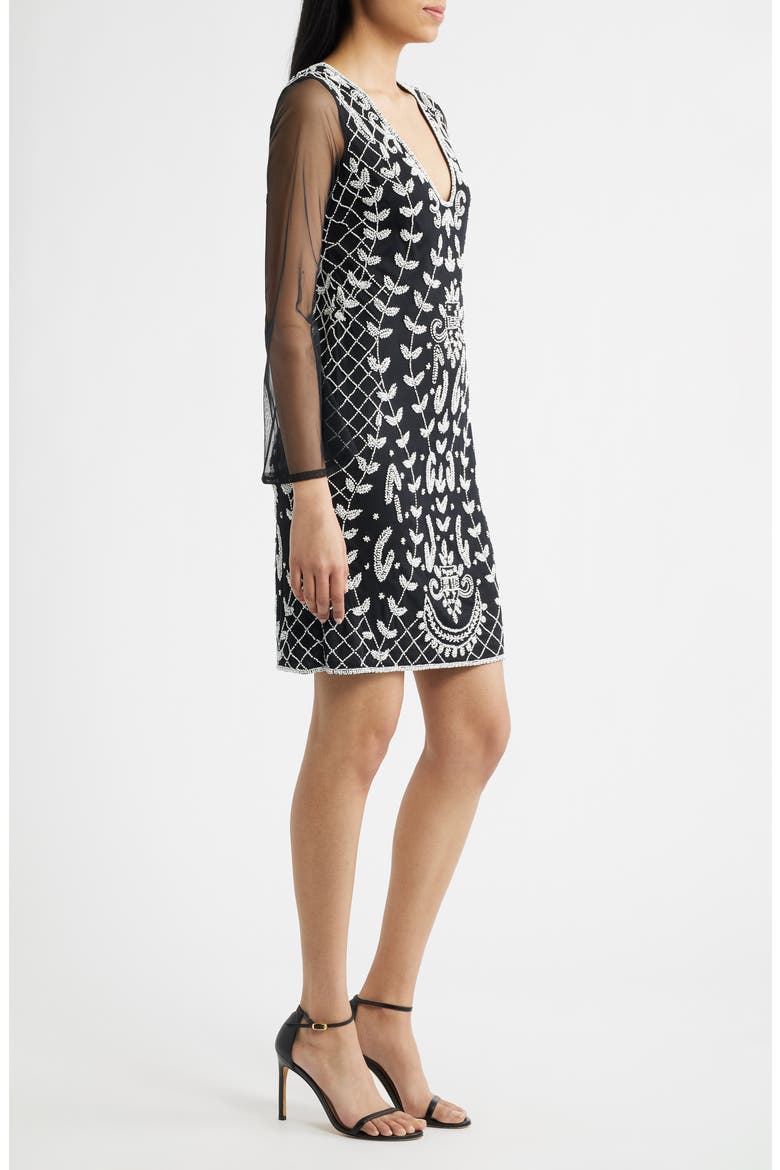 Beaded Mesh Sleeve Minidress, Alternate, color, BLACK/ WHITE