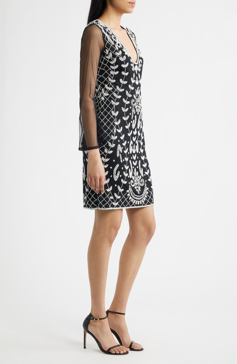 Pisarro Nights Beaded Mesh Sleeve Minidress, Alternate, color, Black/ White