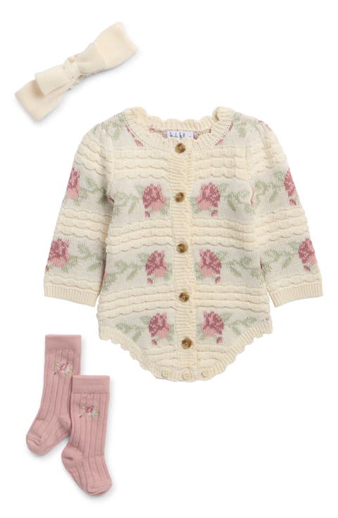Kids' 3-Piece Floral Stripe Sweater Romper Set