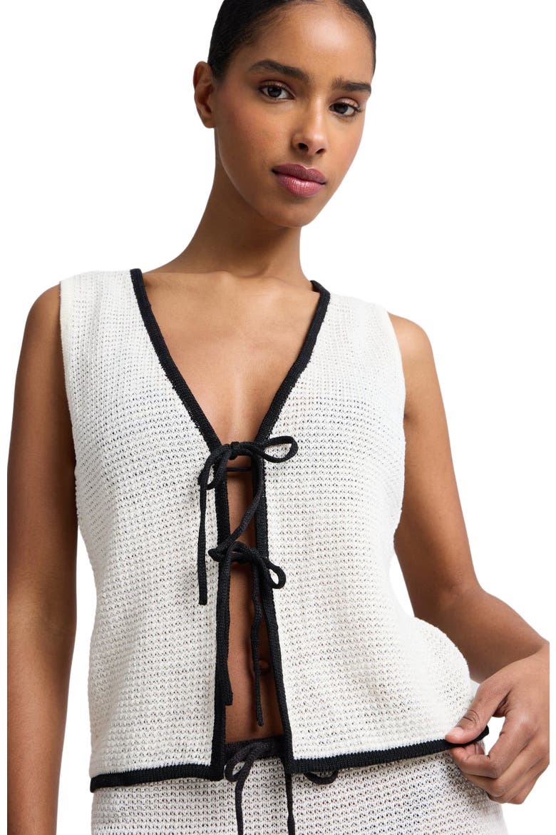 Knit Tie V-Neck Front Tank Top, Alternate, color, Egret/Black