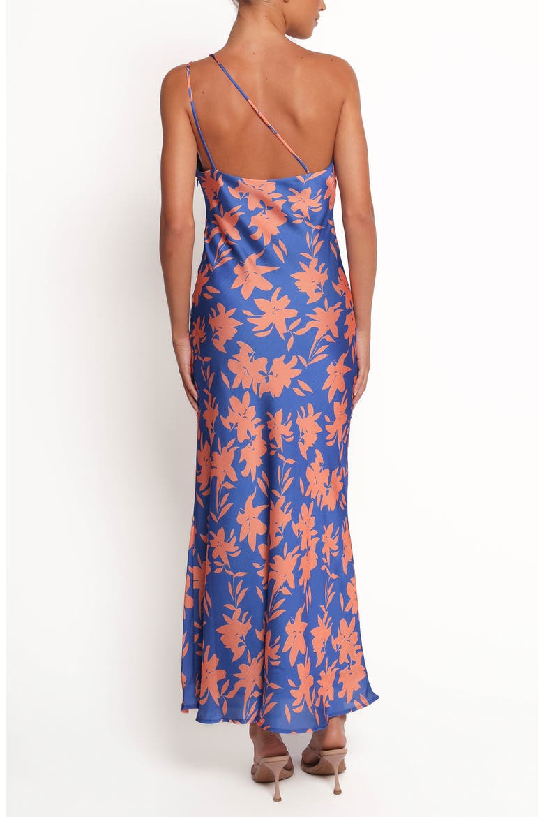 Bottie Floral Print One-Shoulder Satin Maxi Dress, Alternate, color, BLUE/ ORANGE FLORAL