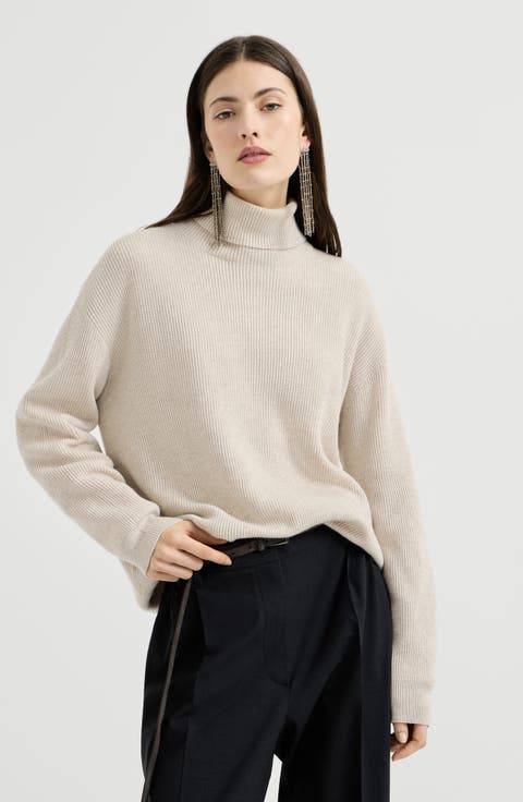 Cashmere English rib turtleneck sweater with monili