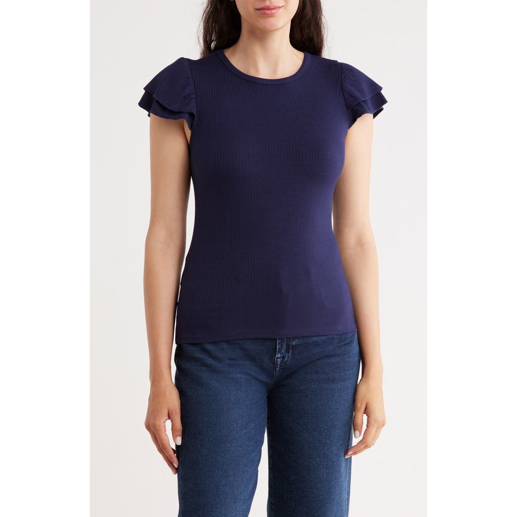Cyrus Cap Sleeve Rib Top In Blue
