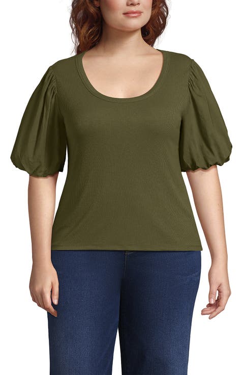 Plus Size Drapey Rib Puff Sleeve Scoop Neck Top