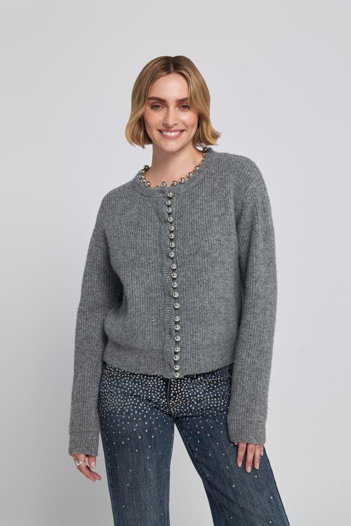 Elle Collection Beaded Cardigan Cable Knit Sweater In Gray