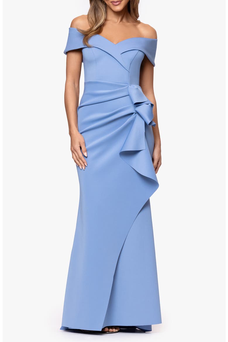 Off the Shoulder Ruffle Scuba Crepe Gown, Main, color, SLATE