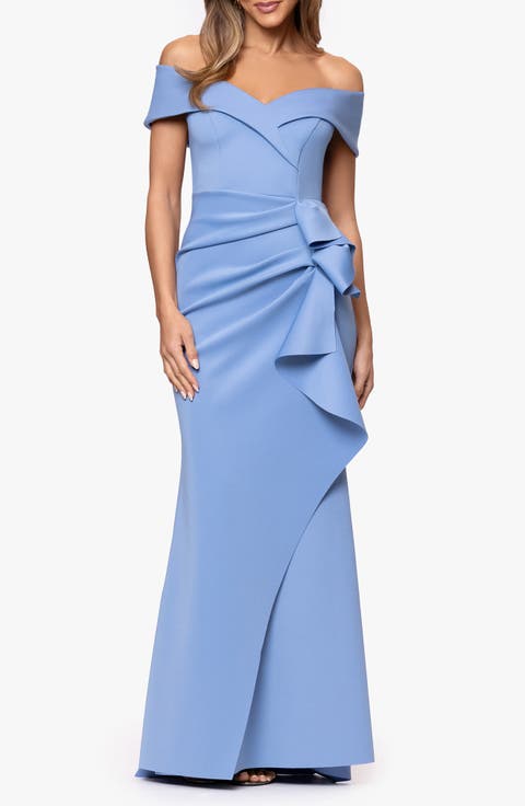 Off the Shoulder Ruffle Scuba Crepe Gown (Regular & Petite)