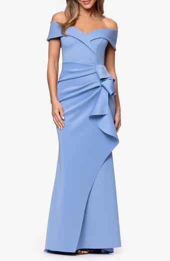 Off the Shoulder Ruffle Scuba Crepe Gown