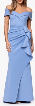 Xscape Evenings Off the Shoulder Ruffle Scuba Crepe Gown