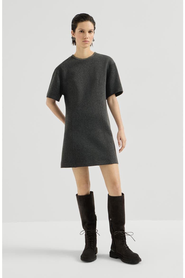 Techno cotton and cashmere interlock t-shirt dress with precious collar, Main, color, Anthracite