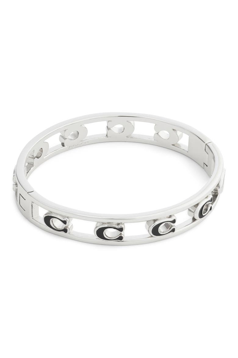 Signature C Open Enamel Hinge Bracelet, Alternate, color, BLACK/ RHODIUM