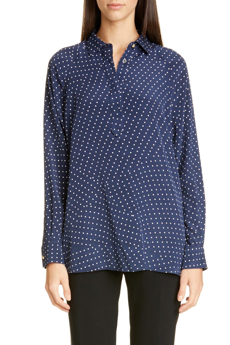 Polka Dot Print Stretch Silk Blouse, Main, color, NAVY/ WHITE