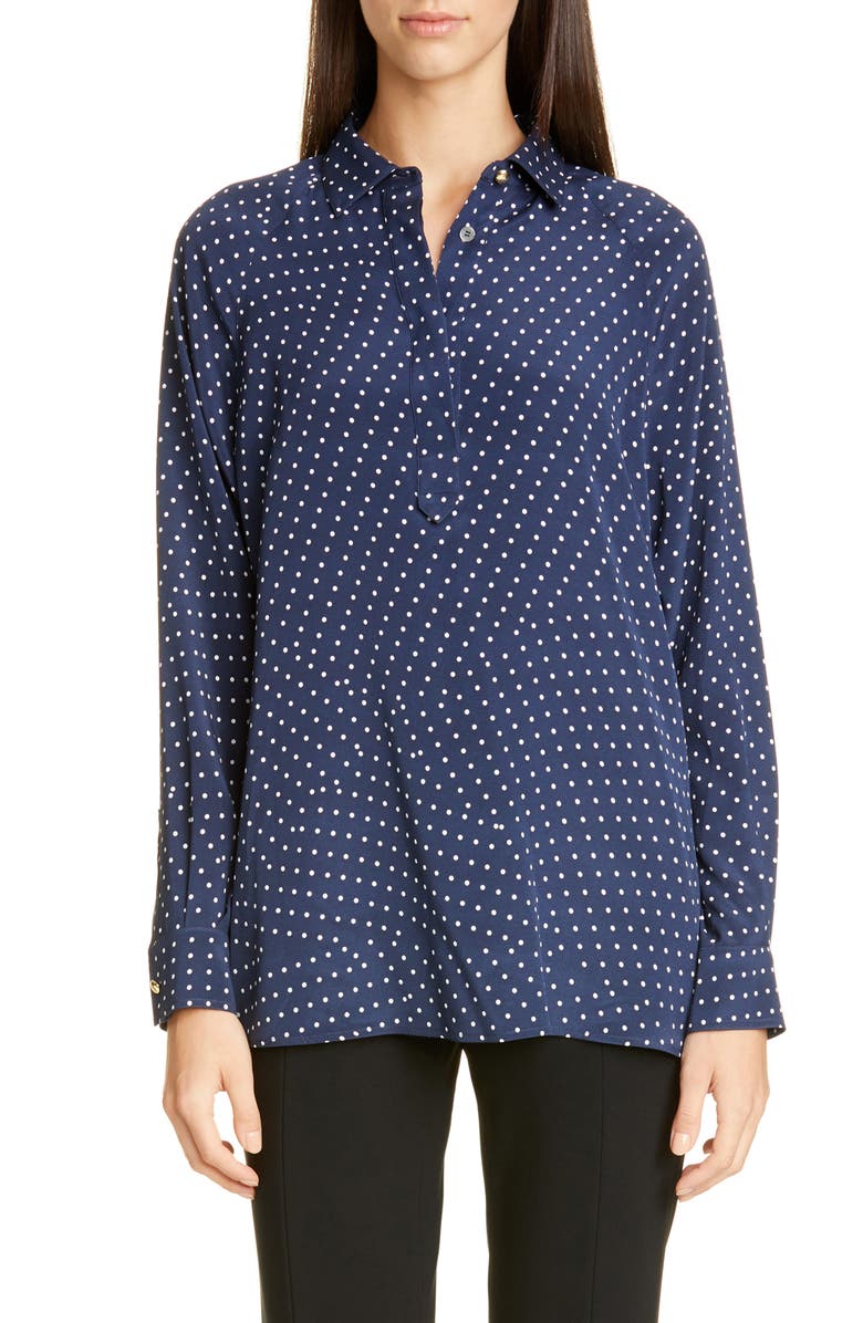 St. John Collection Polka Dot Print Stretch Silk Blouse, Main, color, 