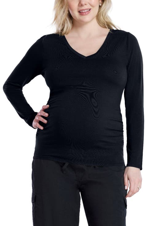 V-Neck Side-Ruched Maternity Long Sleeve Tee