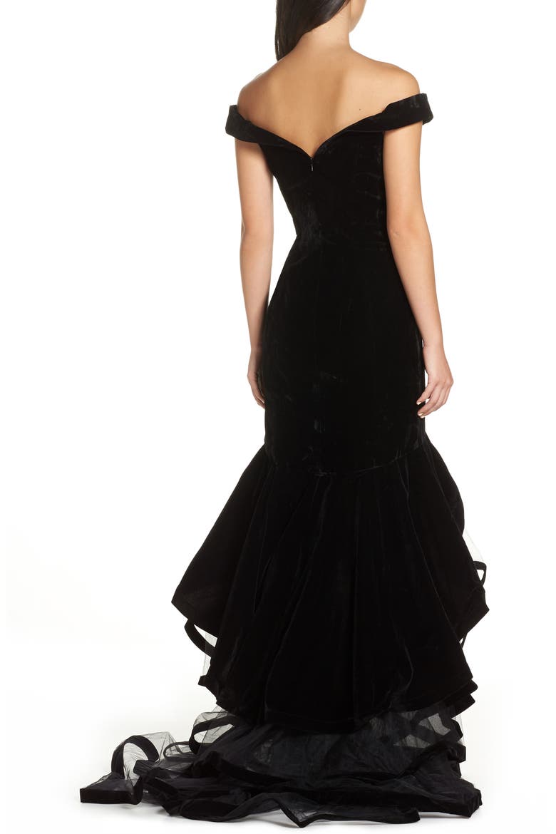 Off the Shoulder Tiered Ballgown, Alternate, color, BLACK