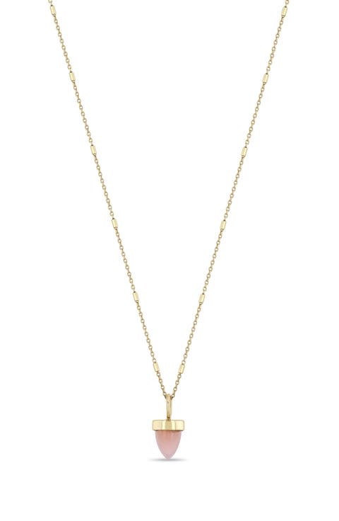 14K Gold Pink Opal Bullet Pendant Tiny Bar & Cable Chain Necklace