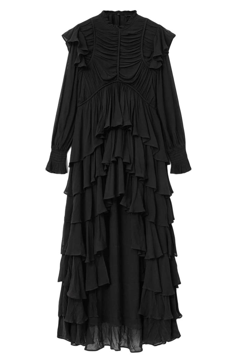 AllSaints Leila Layered Ruffle Long Sleeve High-Low Maxi Dress, Alternate, color, Black