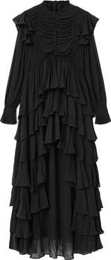 AllSaints Leila Layered Ruffle Long Sleeve High-Low Maxi Dress