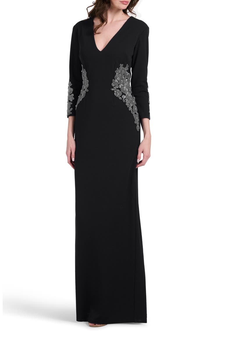 Metallic Appliqué Stretch Crepe Gown, Main, color, BLACK