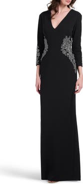 EMILY SHALANT Metallic Appliqué Stretch Crepe Gown