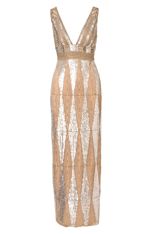 Aidan Mattox Beaded Deep V-neck Column Gown In Brown