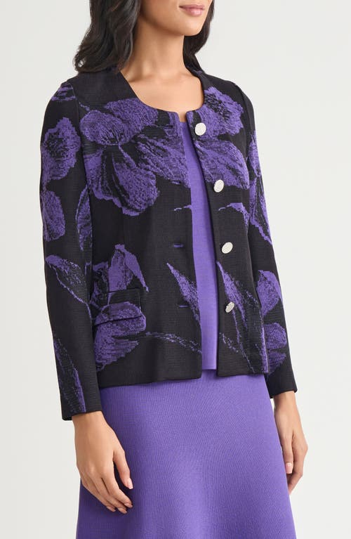 Misook Floral Jacquard Knit Jacket In Black