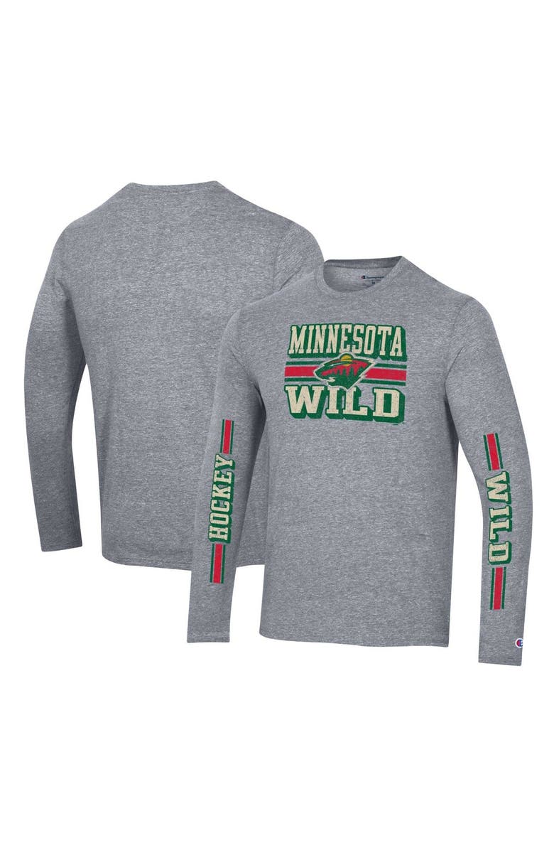 Champion Men's Champion Heather Gray Minnesota Wild Tri-Blend Dual-Stripe Long Sleeve T-Shirt, Main, color, 