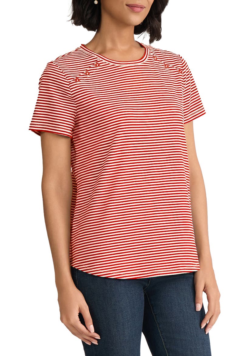Button Shoulder Stripe Stretch Cotton T-Shirt, Alternate, color, ROUGE/ NATURAL WHITE