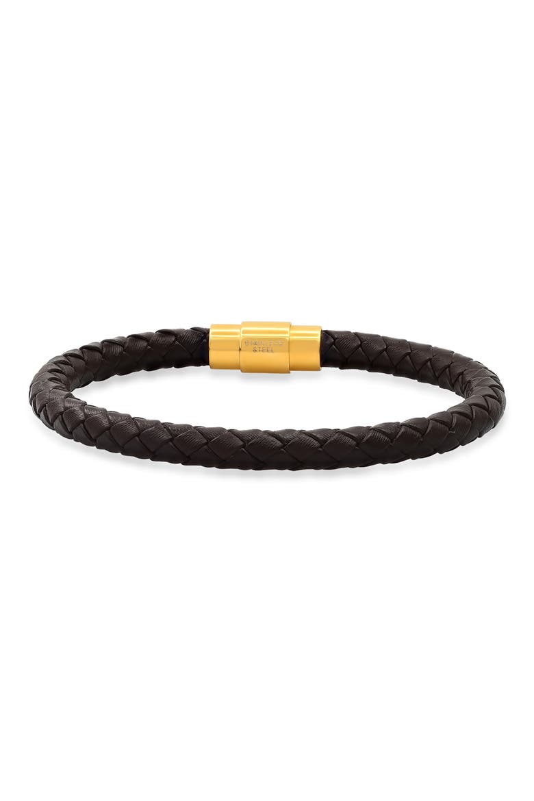 Brown Braided Leather Bracelet, Main, color, BROWN/ YELLOW