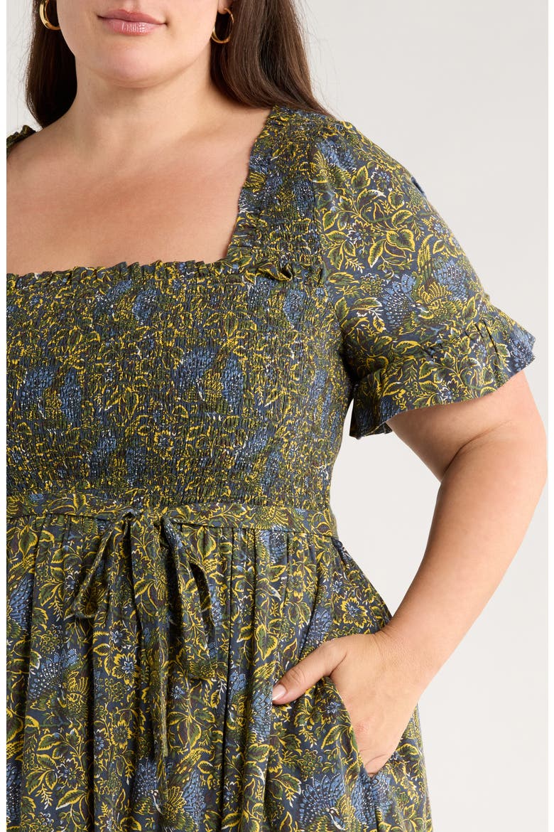 Smocked Ruffle Maxi Dress, Alternate, color, NAVY- YELLOW JASMINE BOHO