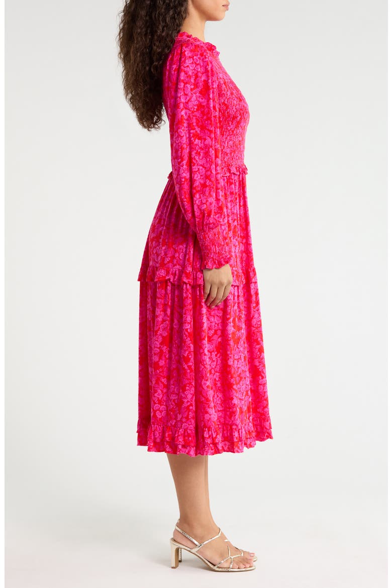 Seldy Smocked Bodice Long Sleeve Midi Dress, Alternate, color, RED-FUCHSIA