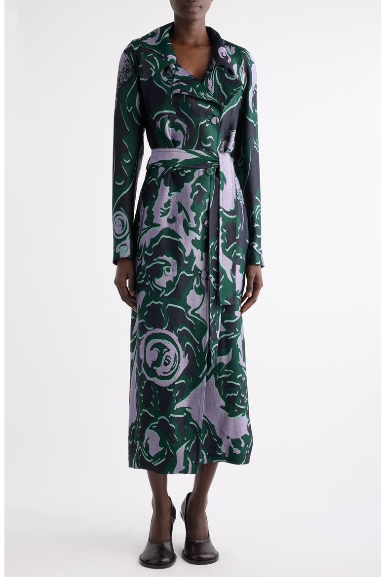 Rolanas Abstract Floral Jacquard Crepe Trench Coat, Main, color, DARK GREEN