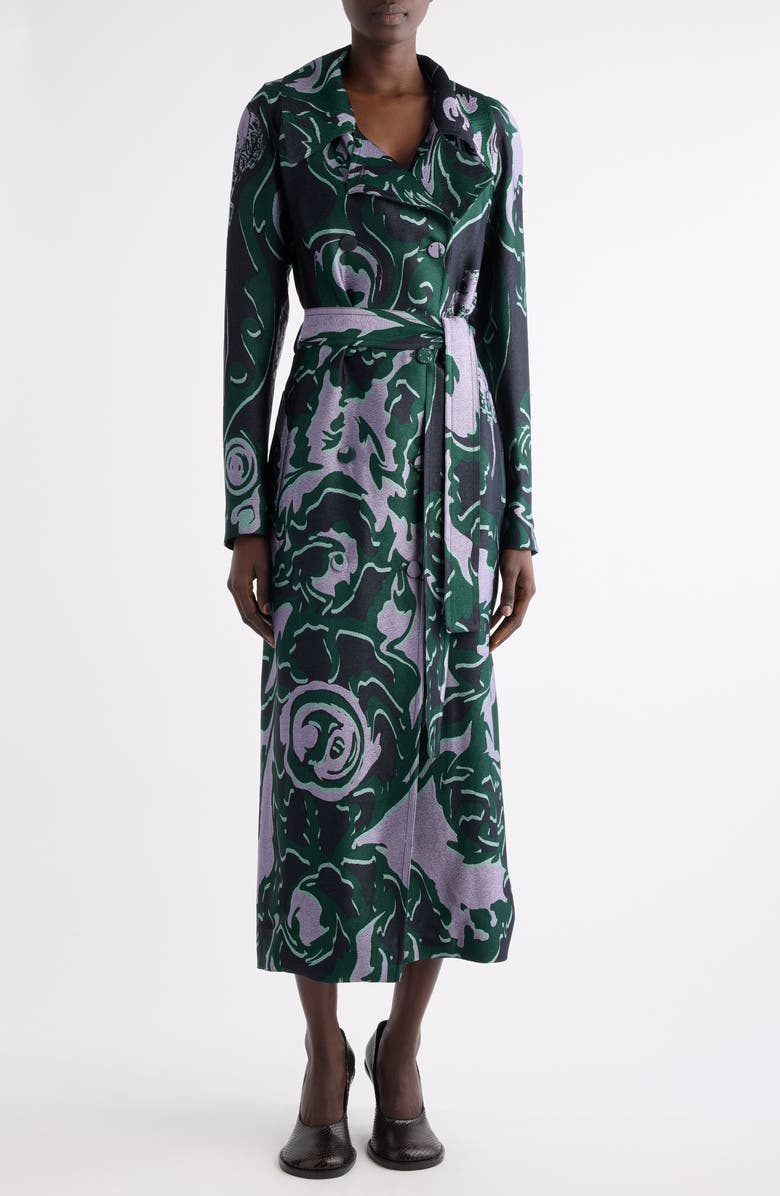 Dries Van Noten Rolanas Abstract Floral Jacquard Crepe Trench Coat, Main, color, Dark Green