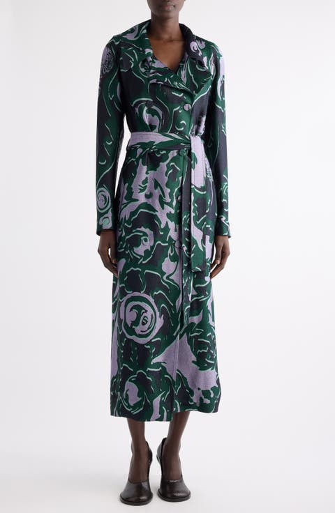 Rolanas Abstract Floral Jacquard Crepe Trench Coat