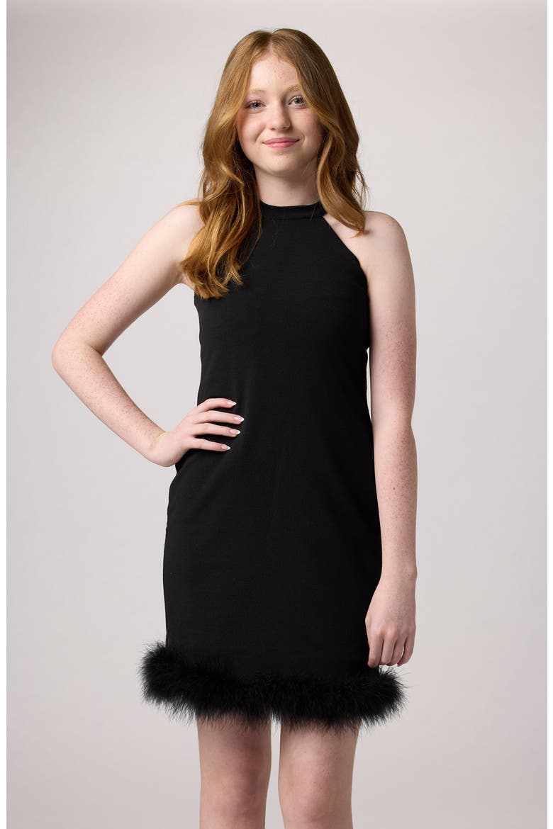 Raglan Halter Dress with Feathers, Alternate, color, BLACK