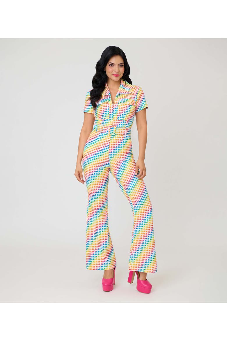 Retro Flare Jumpsuit, Main, color, Yellow Rainbow Heart Print