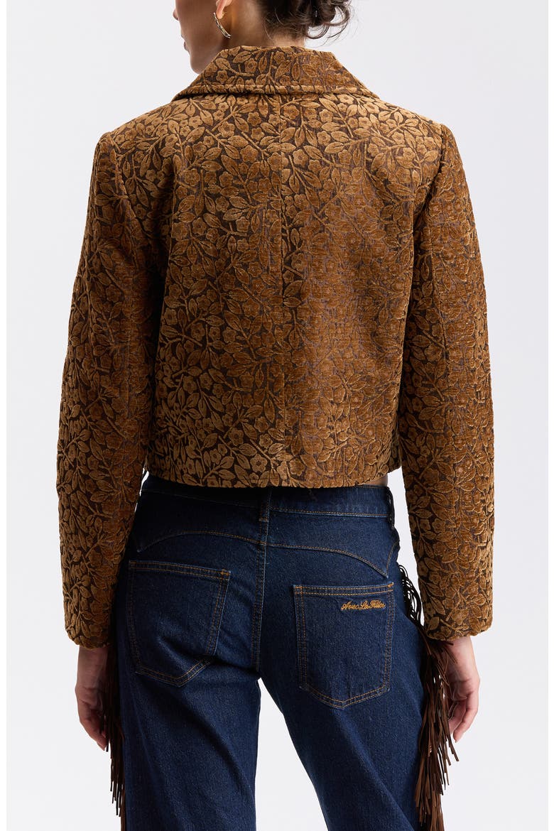 Flocked Floral Jacquard Cropped Jacket, Alternate, color, COGNAC