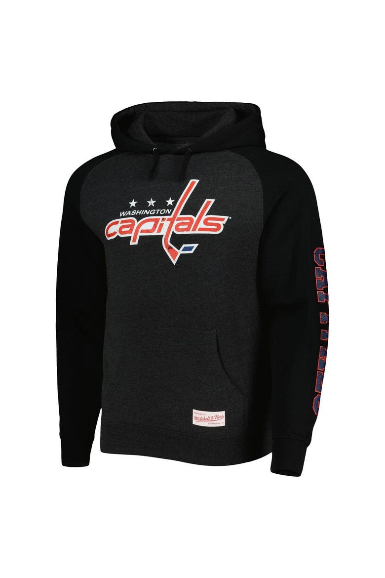 Men's Mitchell & Ness Heather Black Washington Capitals Distressed Logo Raglan Pullover Hoodie, Alternate, color, Heather Black
