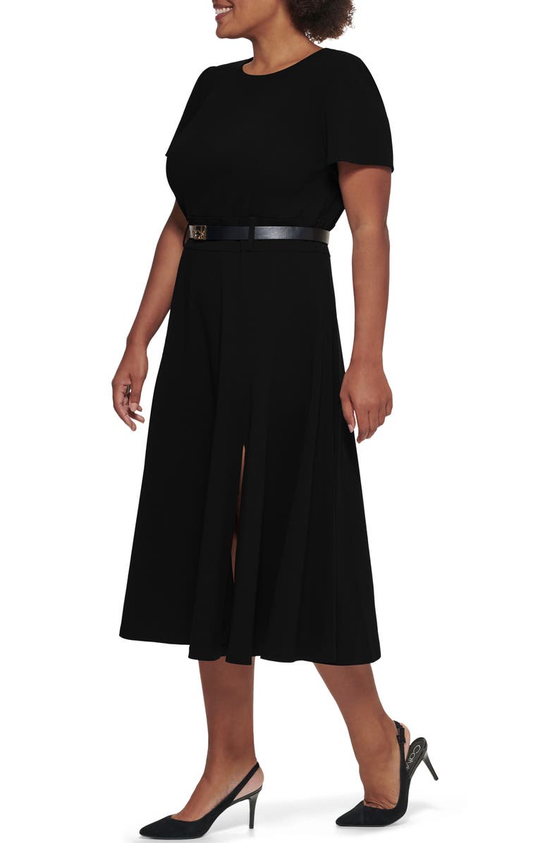Calvin Klein Short Sleeve Belted A-Line Midi Dress, Alternate, color, Black