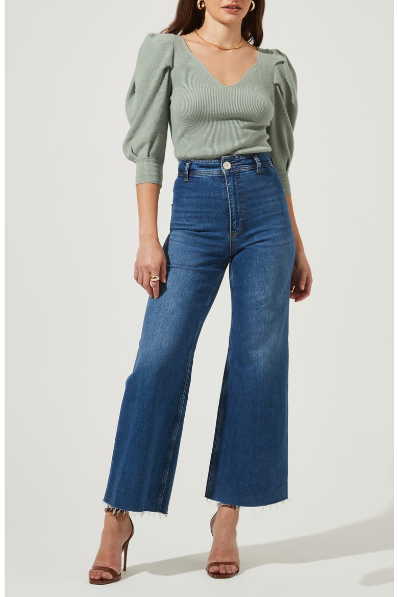 Puff Sleeve V-Neck Sweater, Alternate, color, SAGE