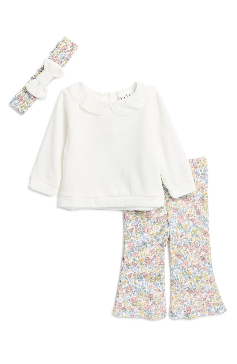 Nicole Miller Floral Sweatshirt, Leggings & Headband Set, Main, color, Ivory Multi