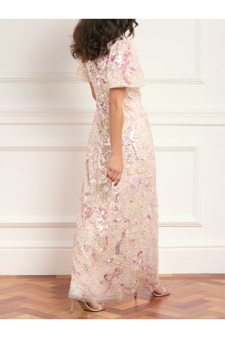 Dancing Ribbon Puff Sleeve Gown, Alternate, color, Cream/Multi