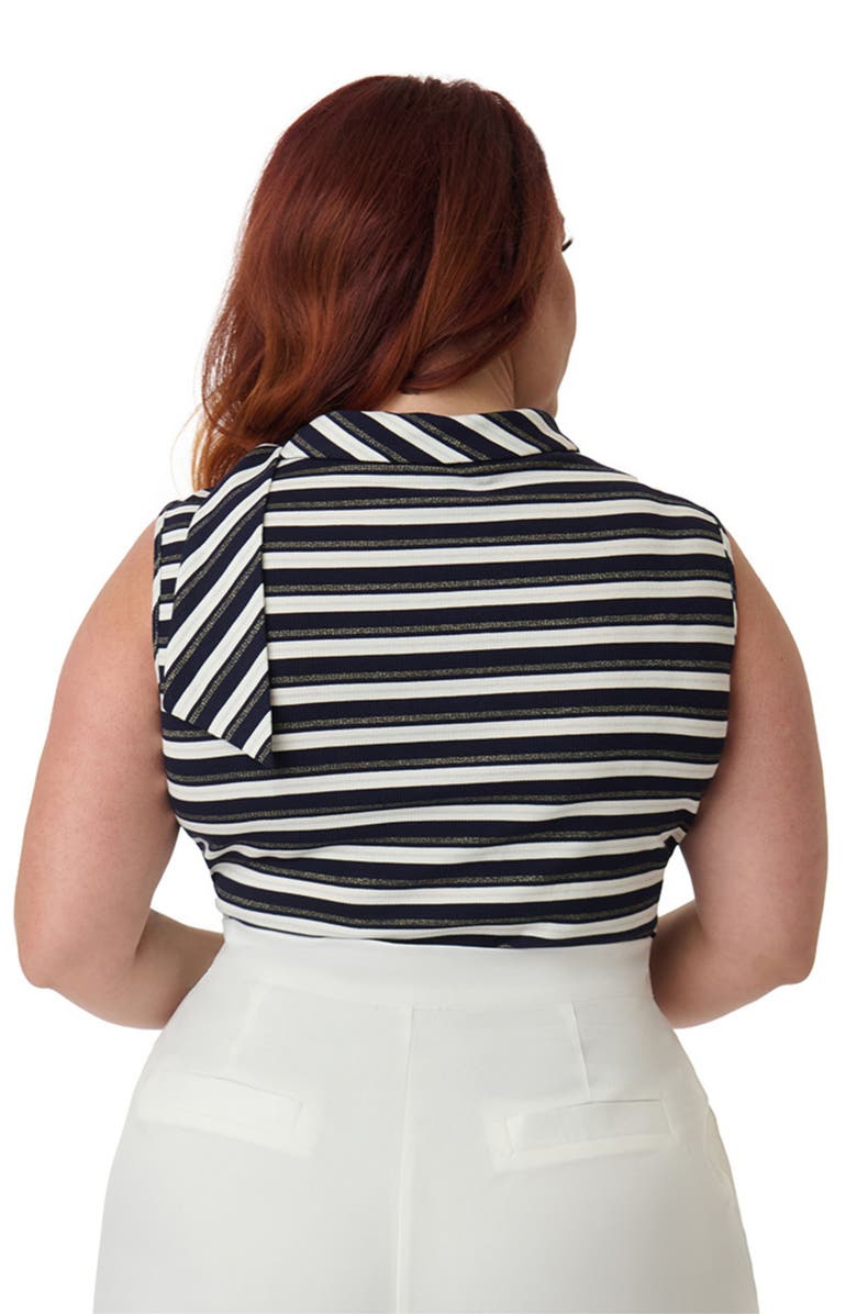Smak Parlour Plus Size Roll Cowl Neck Tie Sleeveless Knit Top, Alternate, color, Navy & Silver Stripe