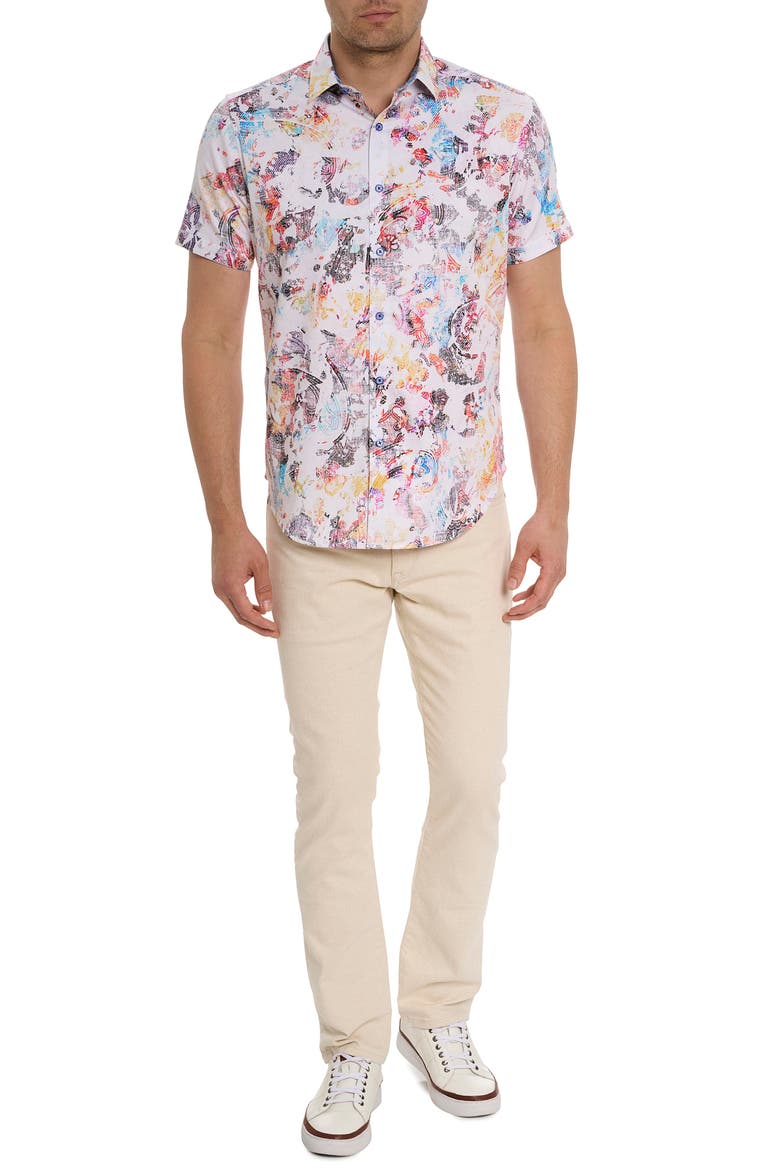 Splash of Color Short Sleeve Stretch Button-Up Shirt, Alternate, color, WHITE MULTI