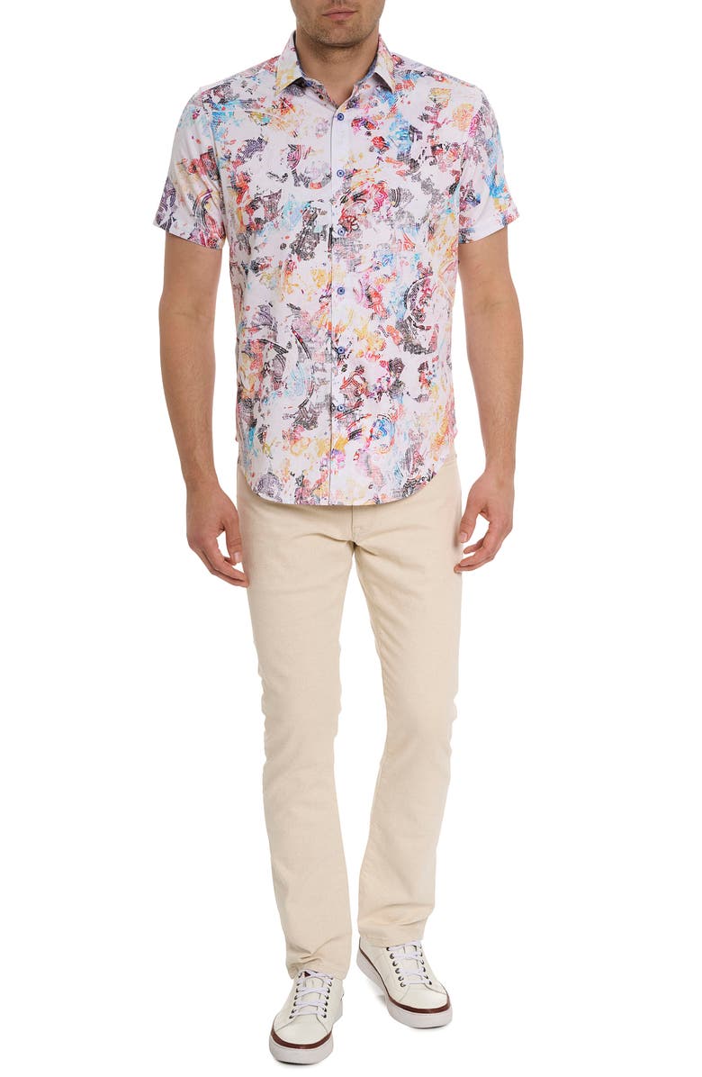 Robert Graham Abstract Print Stretch Cotton Short Sleeve Button-Up Shirt, Alternate, color, White