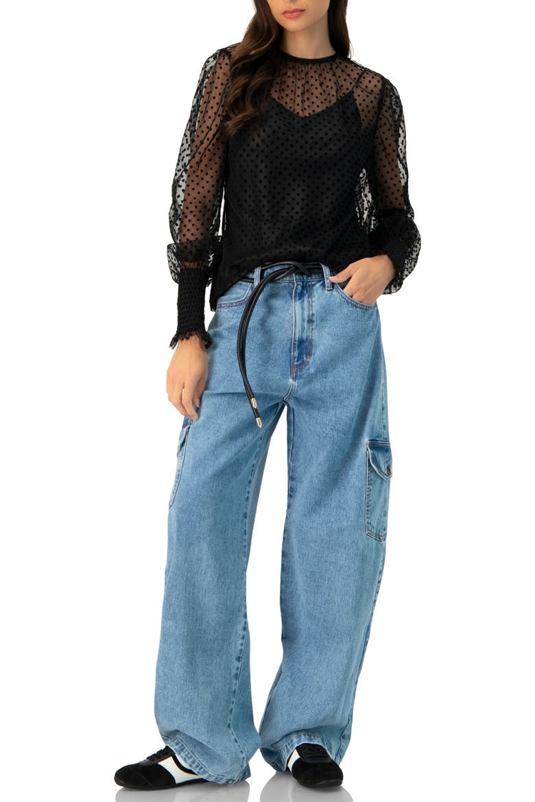 See- Though Polka Dot Smock Sleeve Blouse, Alternate, color, Black