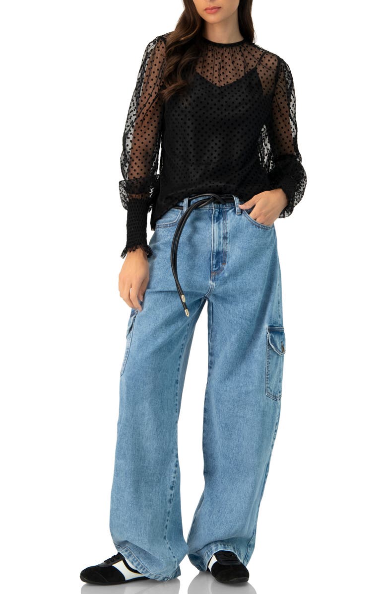 IVONNE See- Though Polka Dot Smock Sleeve Blouse, Alternate, color, Black